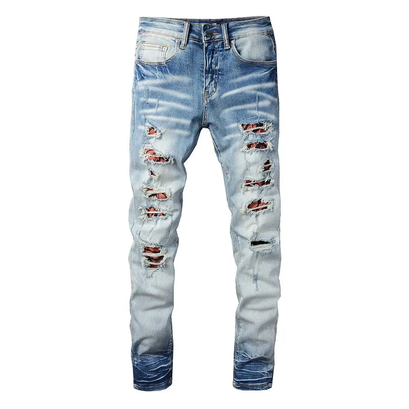 Jeans da uomo strappati al ginocchio slim fit skinny per ragazzi che indossano biker jeans larghi stretch invecchiato moto da uomo alla moda lungo Strai243C