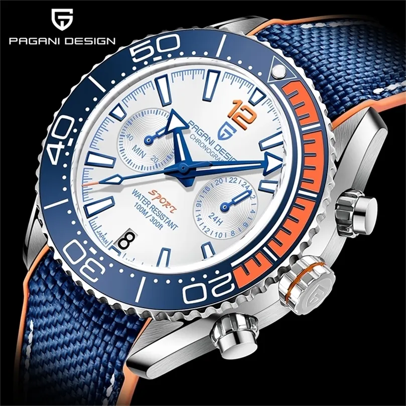 PAGANI DESIGN Japan VK64 Men Quartz Watch Waterproof 100M Ceramic Bezel