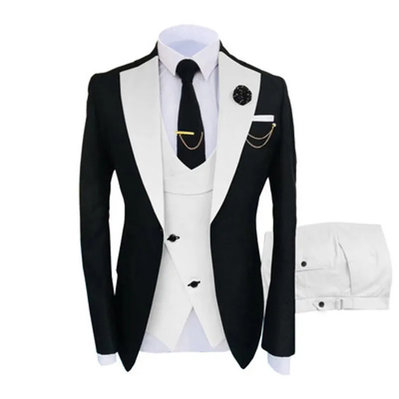 Moda Black Groom Tuxedos White Notch Lapela Slim Fit Groomsmen Mens Vestido de noiva Excelente Man Blazer de 3 peças (jaqueta+calça+colete+gravata) 960