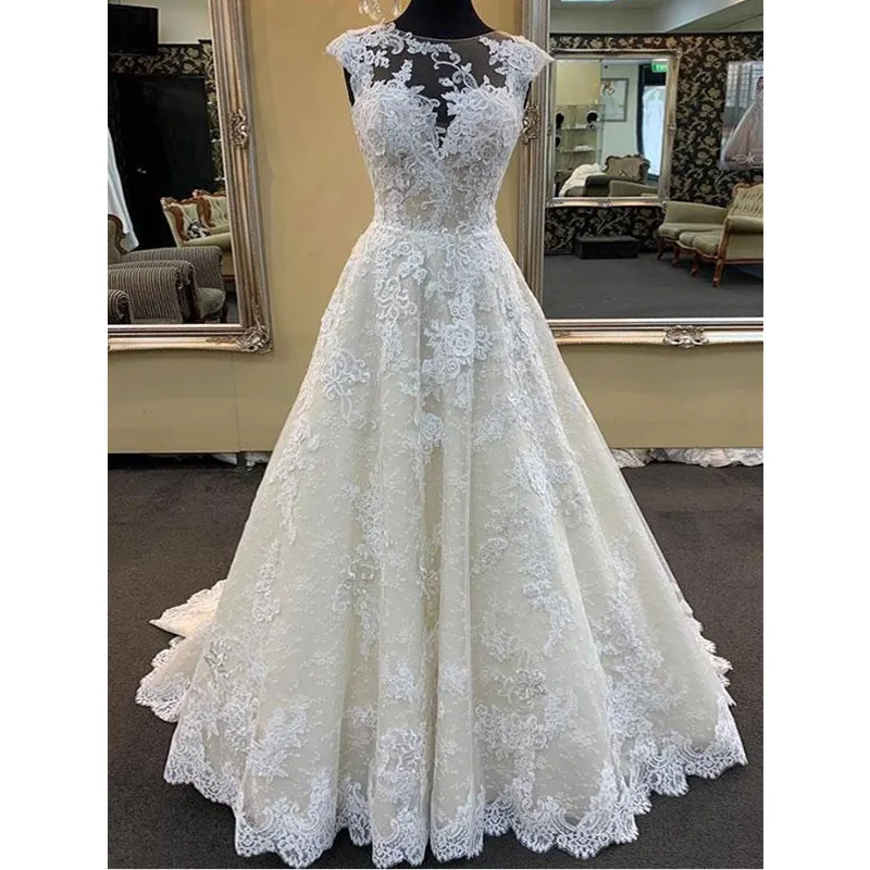 Nuevo y modesto vestido de novia con apliques de encaje, una línea de vestidos de novia con escote joya