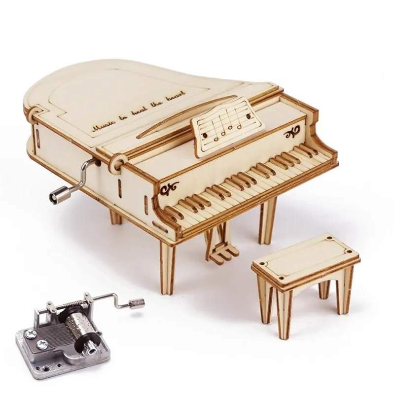 Grand Piano Wood Hand Crank Music Box Office Decoration 3D Wooden Puzzle Game Building Birthday Gift Assemb Kit Mechanical Model 220725