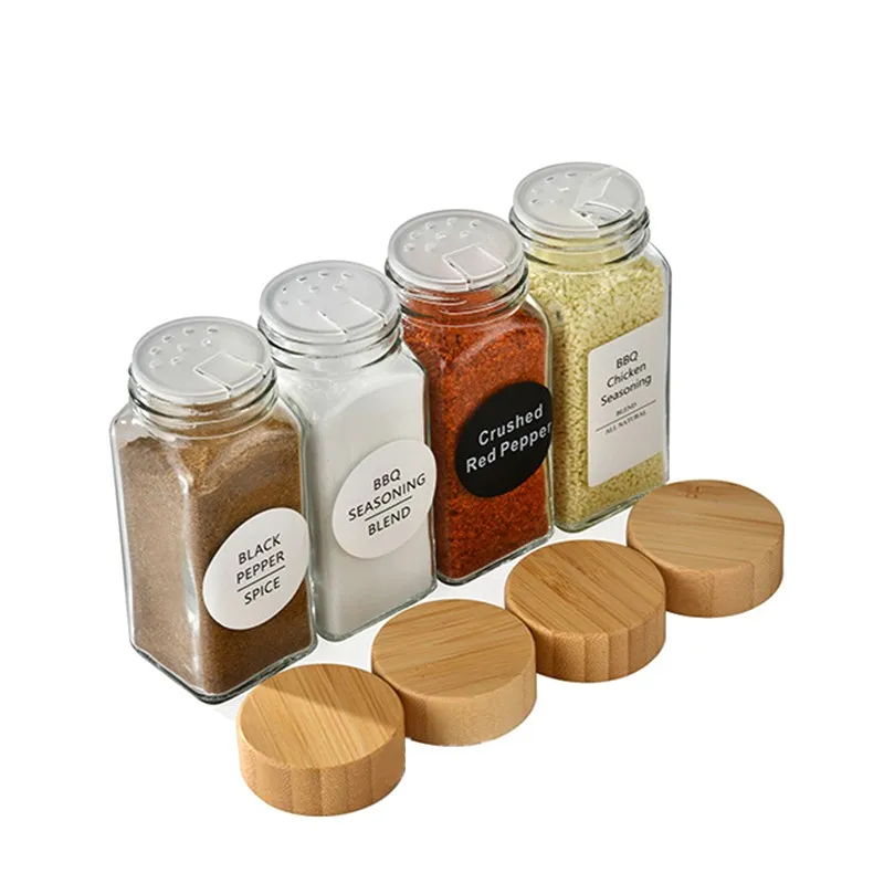 Bouteilles carrées en verre de poivre d'épice de cuisine de 4oz 120ml, boîte de pot d'assaisonnement, bouteille avec shaker, couvercle en bois de bambou