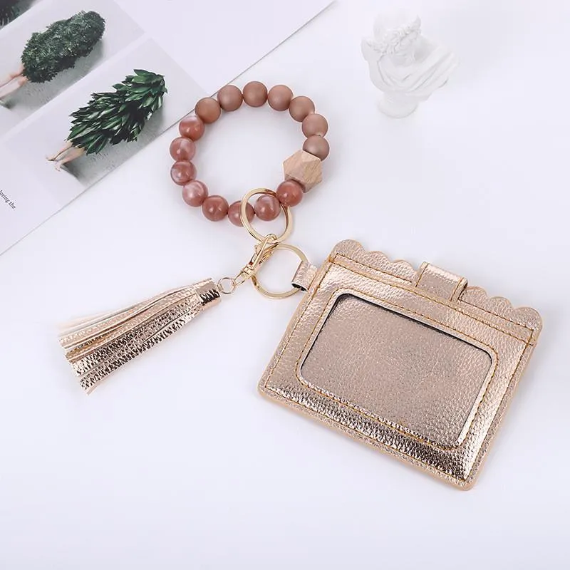 Fashion PU Leather Bracelet Wallet Keychain Party Bangle Key Ring Holder Card Bag Silicone Beaded Wristlet Handbag Women Wrist Car Rings with Tassel
