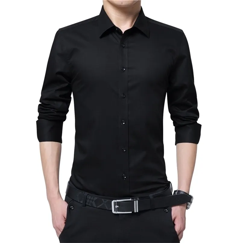 Hommes robe chemise mode à manches longues affaires Social mâle couleur unie col boutonné grande taille travail blanc noir 220322