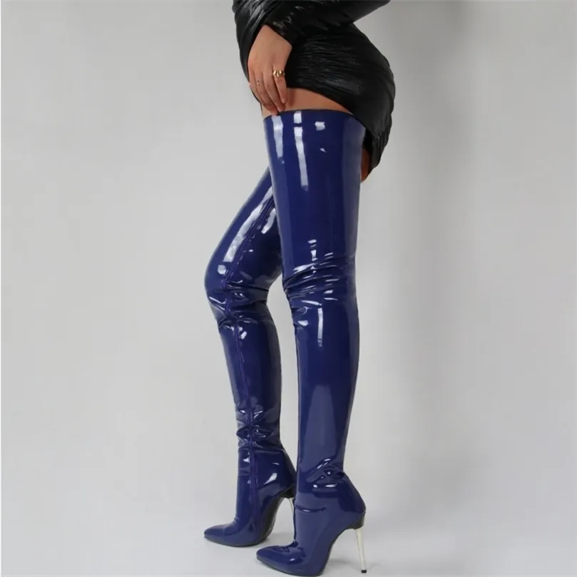 패션 블랙 특허 허벅지 하이 부츠 섹시한 뾰족한 발가락 뒤 지퍼 하이힐 여성 무릎 부츠 플러스 크기 여성 신발 220815