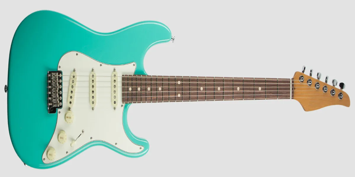 Guitare électrique à corps vert avec matériel chromé, manche en érable, peut être personnalisée