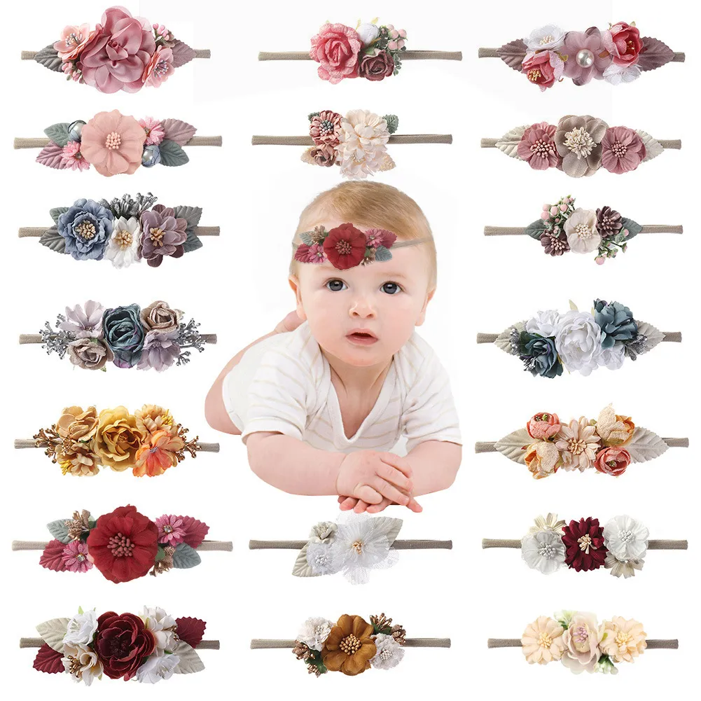 3PC Princess Pearl Flower Headband Spädbarn Elastiska nylon hårband handgjorda konstgjorda blommor baby pannband barnflicka huvudbonader