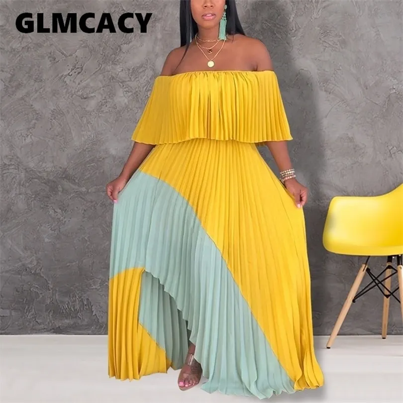 Kvinnor Slash Neck Pleated Maxi Dress Summer Off Shoulder Sexig festklänning Elegant Formell aftonklänningar Vestidos T200522