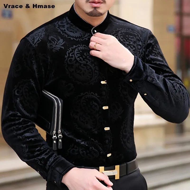 Chinese style personality dragon pattern printing fashion long sleeve shirt Autumn quality gold velvet men shirt M-XXXL 220516