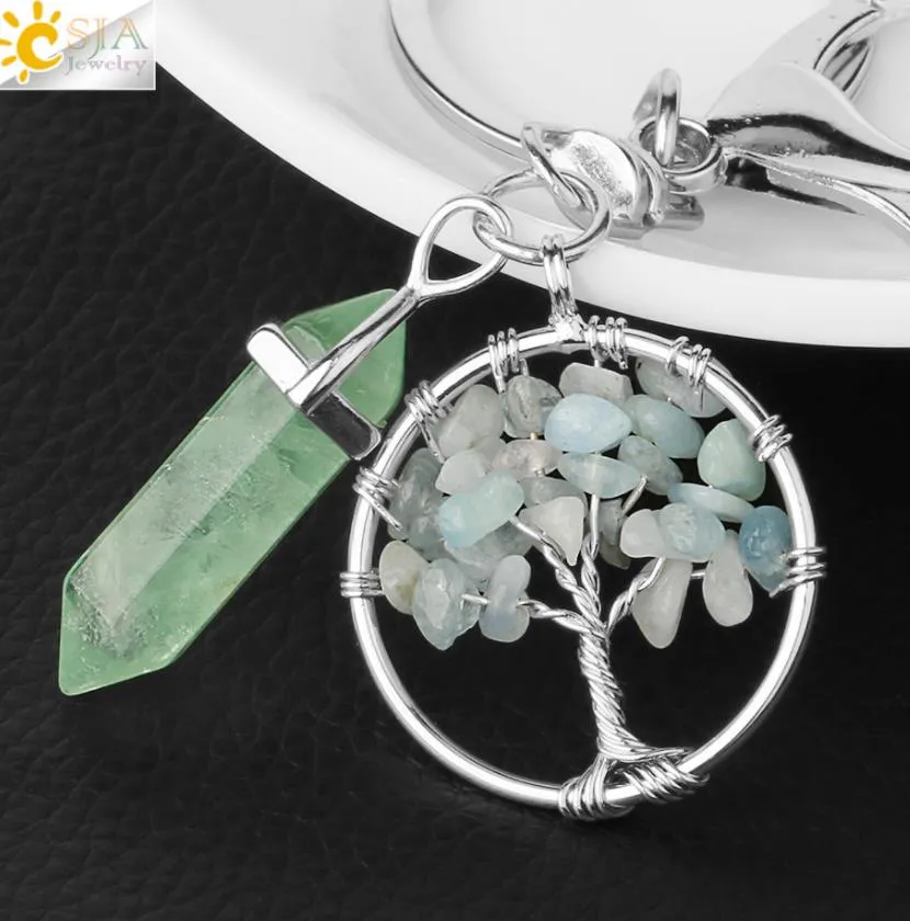 natural stone tree of life key rings green fluorite hexagonal prism keychains healing rose crystal car decor keyholder sports2010