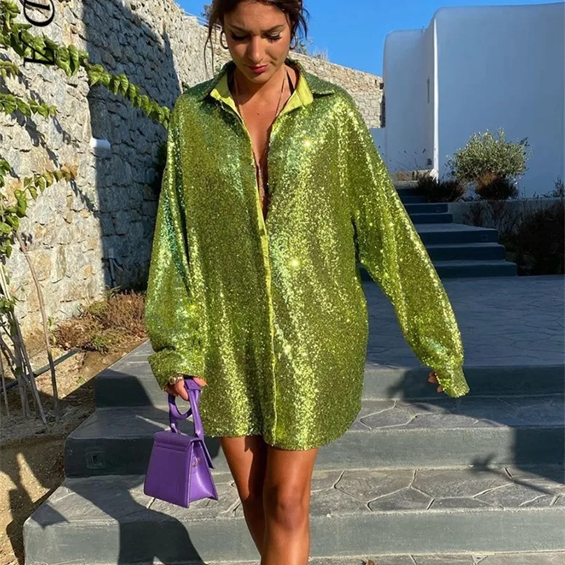 FSDA Mini V Neck Green Sequins Party Dresses Shitrs Long Sleeve Autumn Winter Loose Pink Y2K Women Dress Sexy Club Glitter 220702