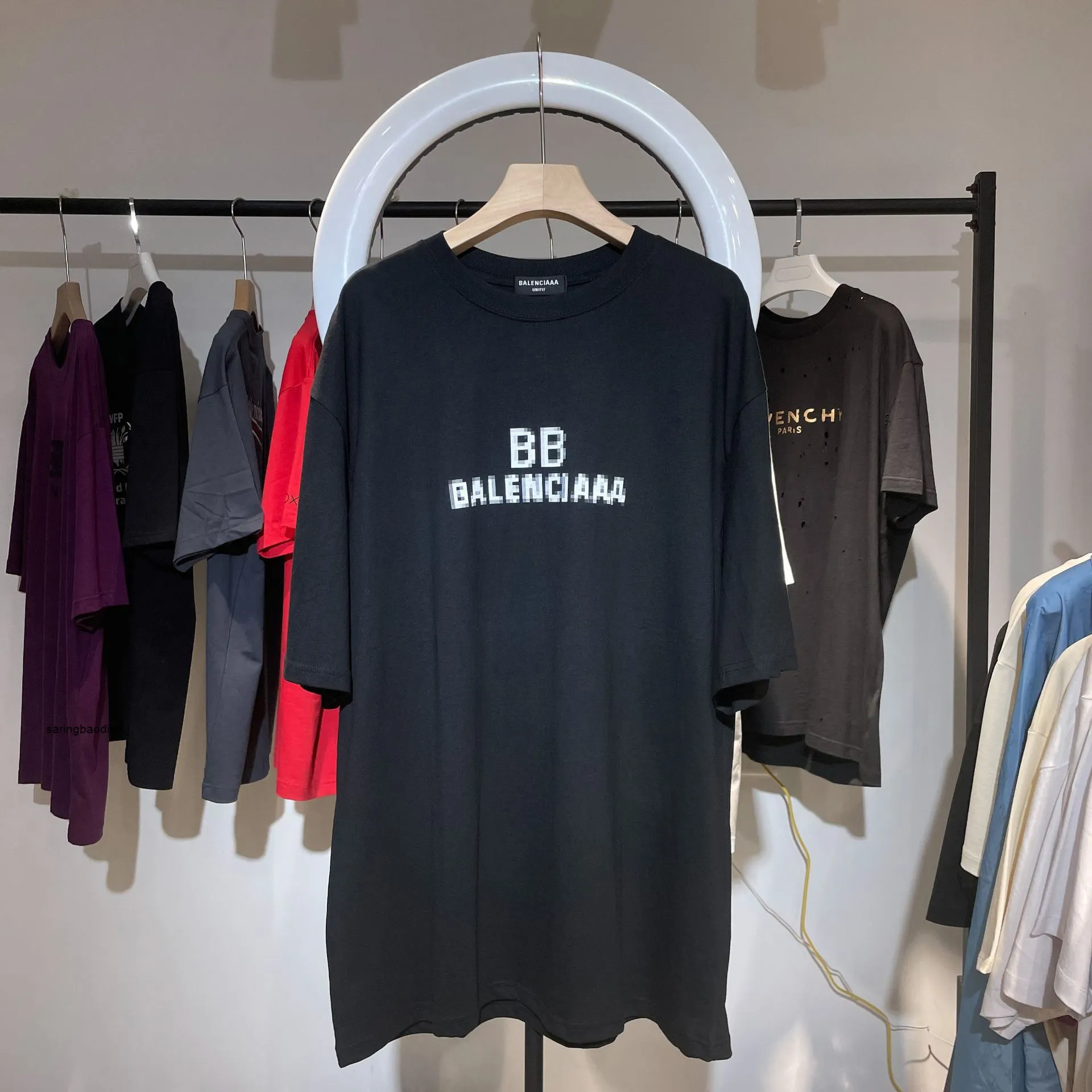 Balencaigass Mens T Рубашки Правильная версия Paris с коротким рукавом футболка с коротким рукавом унисекс мозаичный размытый печать BB Letters