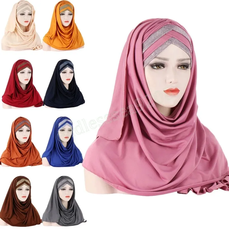Alın Çapraz Saç Sargısı Eşarp Düz Renkli Pırıltılar Jersey Hijabs Müslüman Kafa Bandı Kadın Türban Saç Kapağı başörtüsü 2022