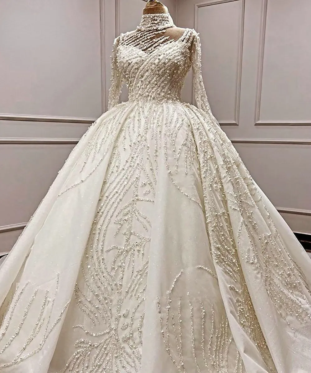 Boll wedding klänning långärmad hög hals paljett tyll pärlor kristallpärlor ny design formell brudklänning