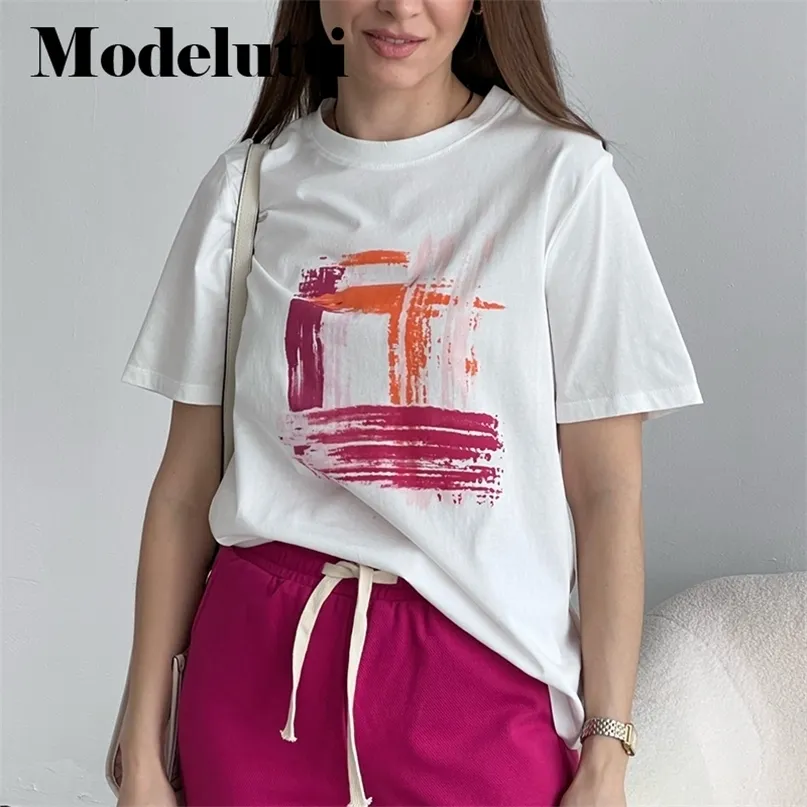 Modelutti Bahar Yaz Moda Yuvarlak Boyun Kısa Kollu Baskılı Tshirt Allmatch Basit Gevşek Gündelik Top 220706