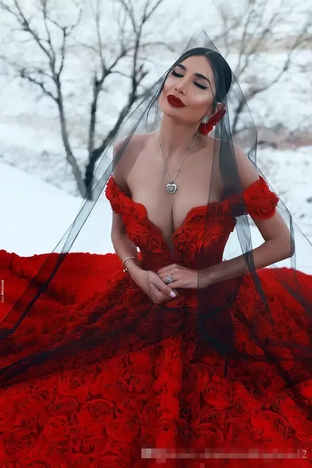 2024 Dark Red Off Shoulder Wedding Dress With 3D Rose