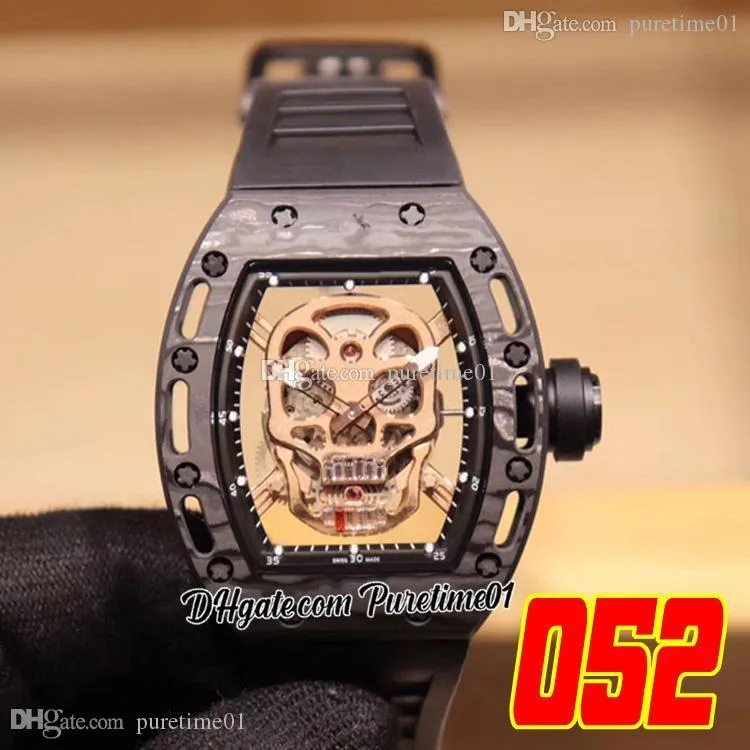 Skull 052 Miyota Automatik-Herrenuhr, Kohlefaser, Champagnerfarbenes Skelett-Zifferblatt, schwarzes Kautschukarmband, Super Edition Puretime01 E69C1