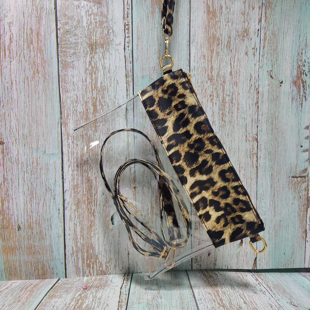 Bolsa de cosméticos transparente de PVC, bolsas de maquillaje con adornos de leopardo, bolso de mano transparente con patrón de estadio, DOMIL106-2002