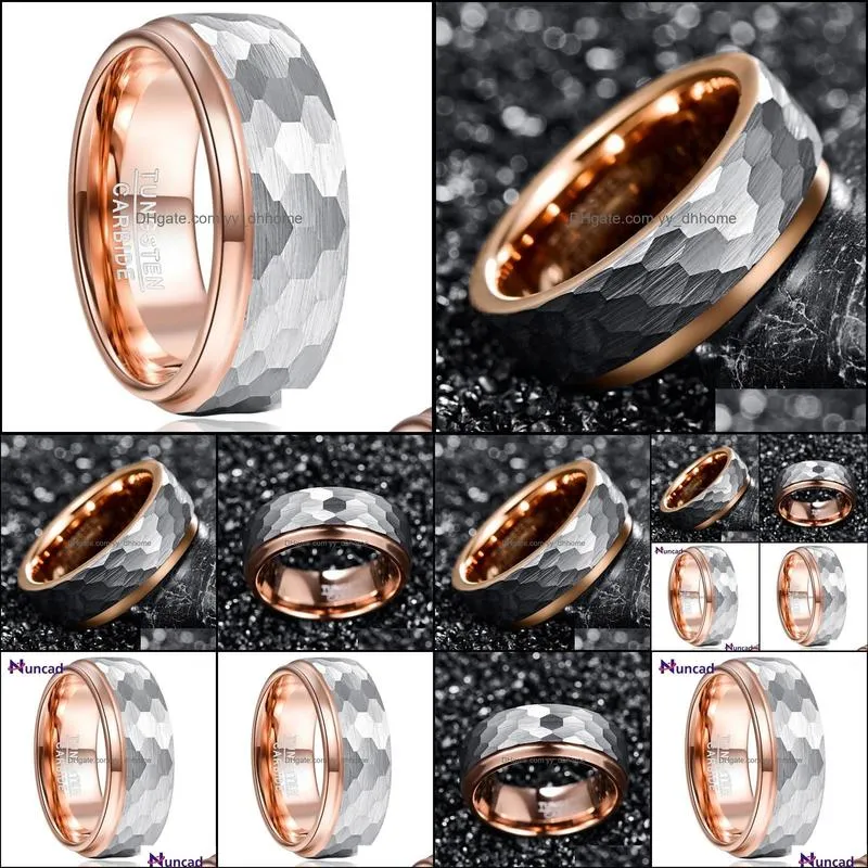 Wedding Rings 8mm Wide Tungsten Carbide Ring Side Step Rose Gold Plating Surface Hammered Steel Jewelry1
