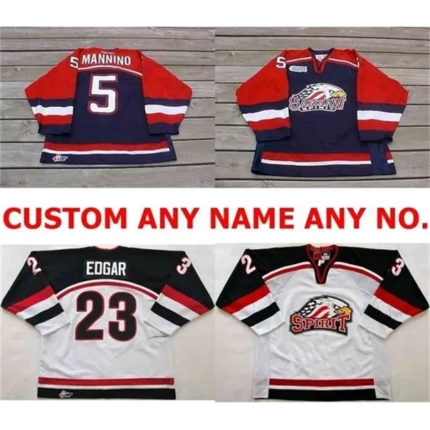 C26 NIK1パーソナライズされたOhl Saginaw Spirit Jersey 5 Mannino 23 Edgar Mensレディースキッズステッチアイスホッケージャージーカスタム任意の名前No.Goalit Cut Jerseys