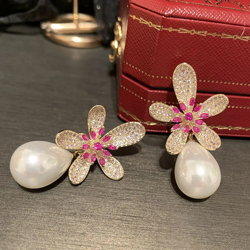 Nueva última moda diamante colorido flor gota colgante perla aretes para mujer niñas ins diseñador de lujo S925 poste de plata blanco negro