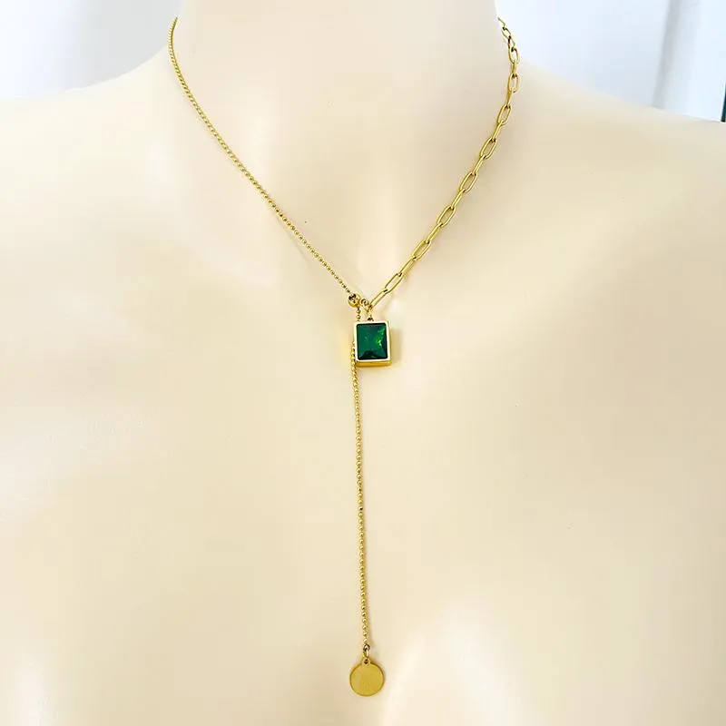 Pendant Necklaces Stainless Steel Accessories 18K Gold Jewelry Square Emerald And Round Plate Beads Chain NecklacesPendant