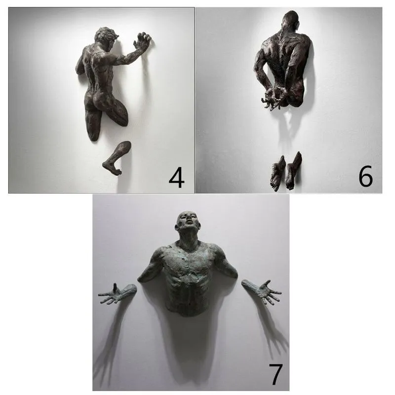 3D à travers le mur Figure Sculpture Résine Galvanoplastie Imitation Cuivre Abstrait Caractère Ornement Statue Salon Décor À La Maison 220523