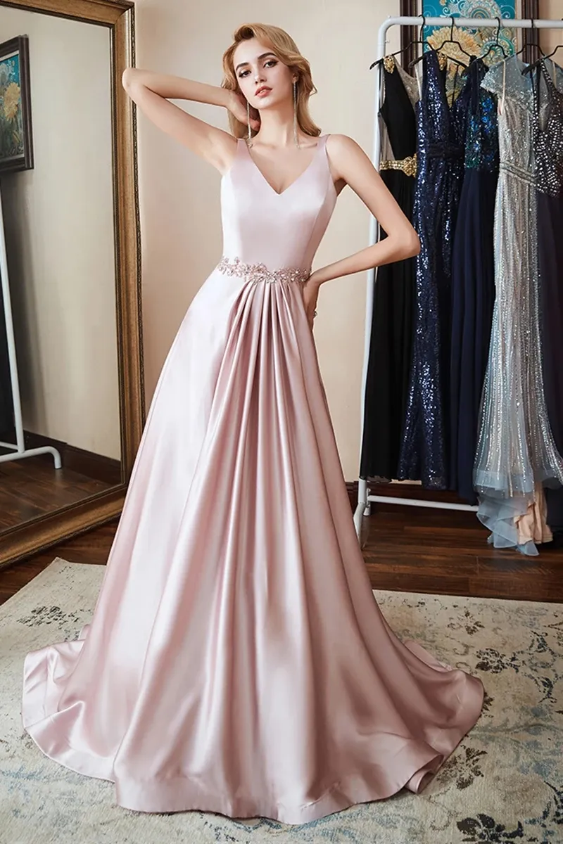 Custom Pink Loyeloy A Line Long Satin Prom Dress With Backless