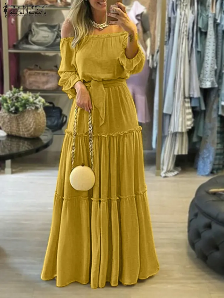 ZANZEA Elegant Off Shoulder Women s Dress Autumn Belted Ruffle Maxi Vestidos Casual Puff Sleeve Solid Beach Robe 7 220521