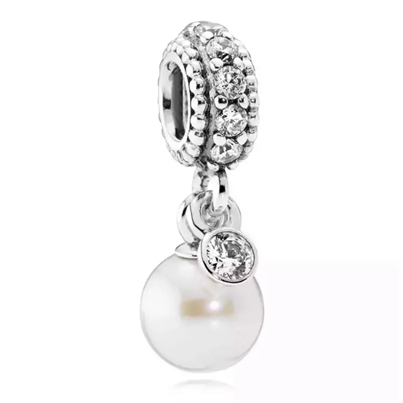 Abalorio colgante de plata de ley 925, cuentas colgantes de perlas blancas CZ transparentes, abalorios aptos para pulsera Pandora, accesorios de joyería DIY