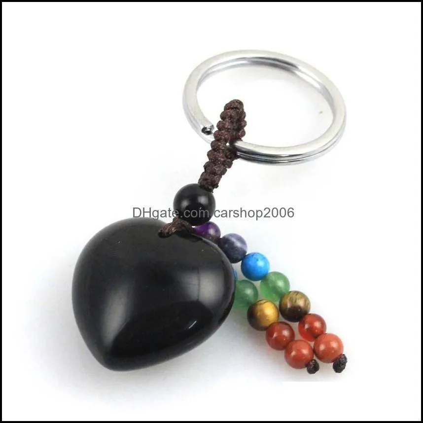heart shape natural stone seven tassel key rings keychains silver color healing amethyst pink rose crystal car decor carshop2006