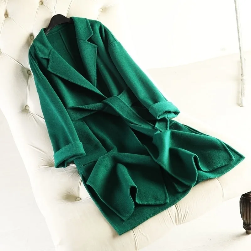 ankomst 100% varumärke vinter ull tjock kashmir solid kvinnlig grön överrock skivor lång ullrock 201102