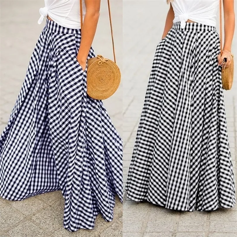 Women's Skirts ZANZEA Vintage Plaid Check Long Skirt Zipper Pleated Faldas Bohemian Jupe Femme Casual Pockets Maxi Skirts T200324