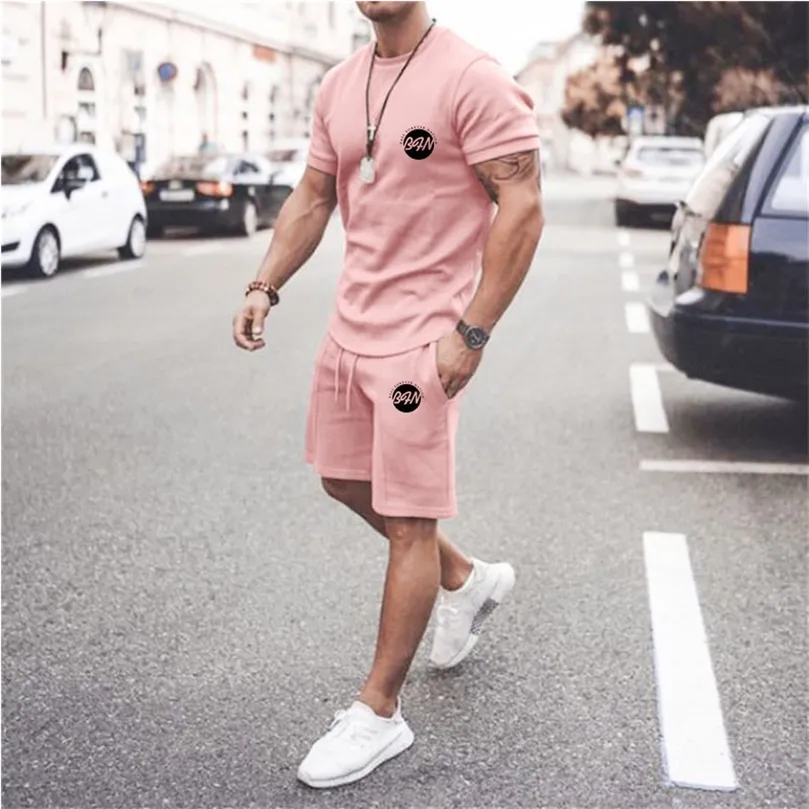 Summer Fashion Simple Solid Color Loose Muscle Fitness Casual Tshirt Shorts Mens Suit Sportswear Twopiece S6XL 220526