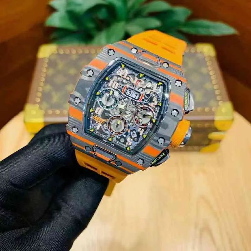 Watches armbandsur designer mens affärsvin fat richa milles tittar på helautomatisk mekanisk multifunktionell kolfiber ihålig kal