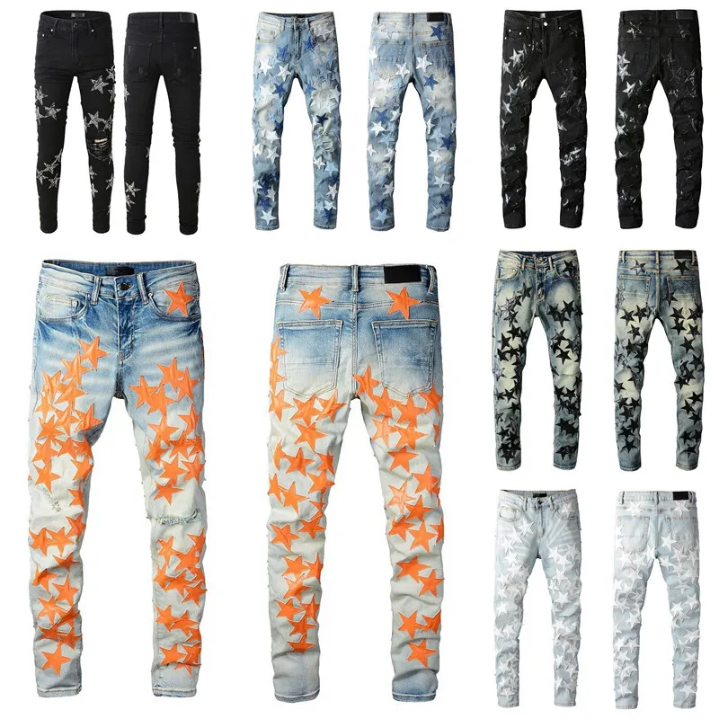 Homme Design Jeans Skinny Patch cinq étoiles jambe droite pour la mode pour hommes Fashion Knee Ripped Denim Pantalon avec trou Moto Hip Hop Black Bleu Stretch Blue Stretch Zipp