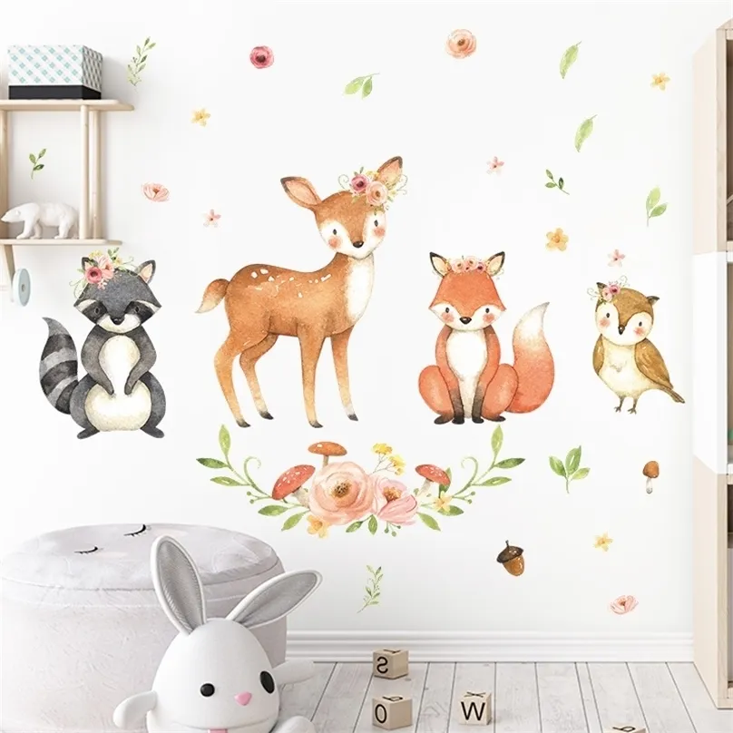 Animales de dibujos animales pegatinas de pared para niños habitaciones de mapache fawn calcomanías de calcomanías para la decoración del bebé 220523