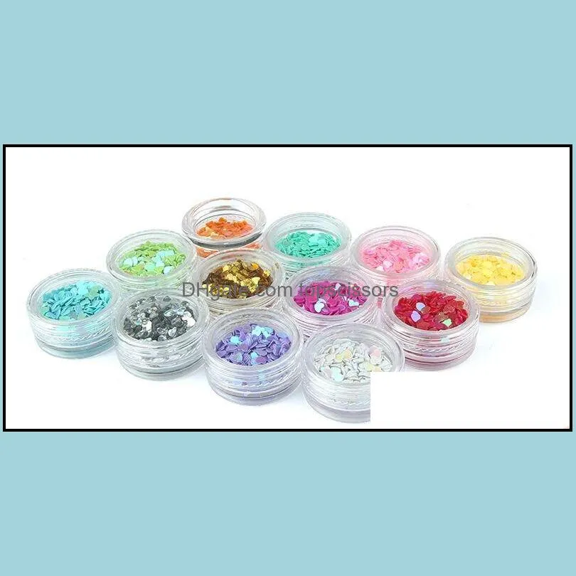 12 Pots Heart Nail Art Glitter Heart Shapes Confetti Sequins Acrylic Tips UV Gel Decoration fee shipping DHL #6811