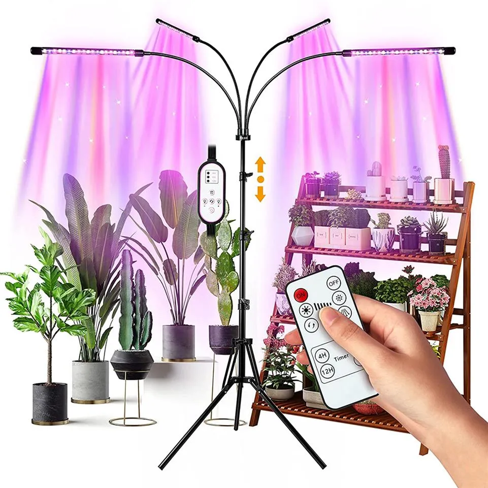 LED Grow Lights 4 Heads Indoor Plants Full Spectrum Light Tripod Adjustable Stand Floor 4/8/12H Timer with Remote Control287t