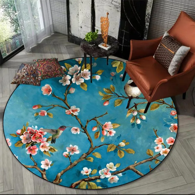 Tapis de style américain fleur et oiseau imprimé tapis rond bleu rural tapis salon tapis de chambre à coucher pour chaise de décoration