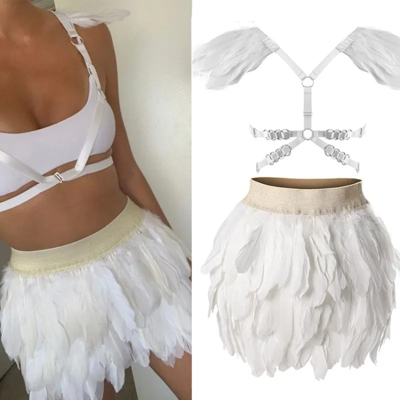 Skirts White Angel Swan Feather Mini Skirt Set Elastic Waist High Street Busty Sexy Clothing Halloween Club Party Dance Goth Rave