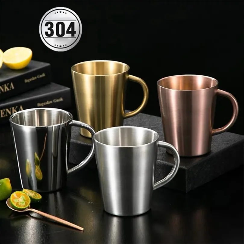 Högkvalitativ 304 Rostfritt stål Dubbelskikt Kaffekopp Värmeisolering Anti-Scalding Tea Cup Öl Kaffe Mugg 220423
