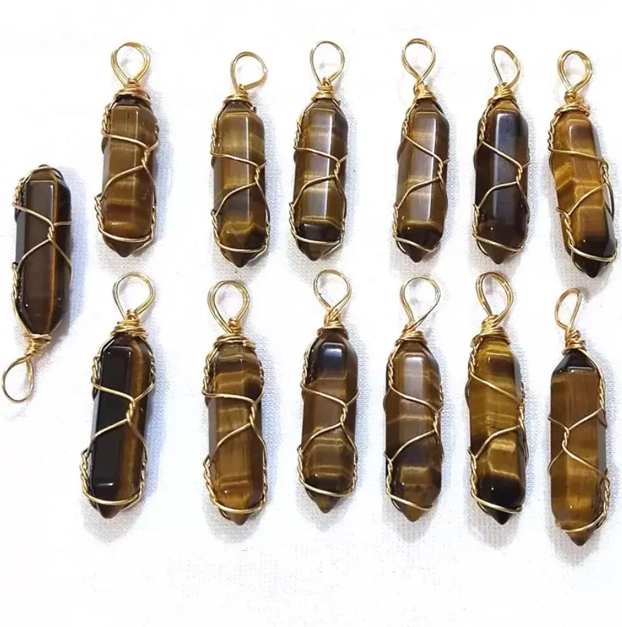 gold wire wrap natural stone charms tiger eye pillar bullet shape point chakra pendants for jewelry making handmade craft sports2010