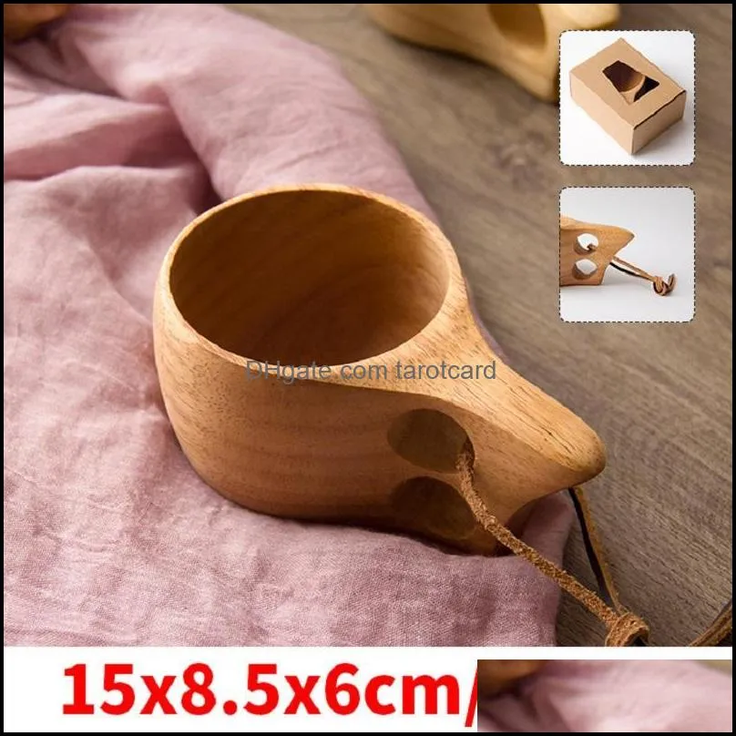 Nordic Style 4 Kinds Rubber Wood Cups with Handle Kuksa Wooden Coffee Mugs with Rope Handmade Two Holes Portable Drinking Water