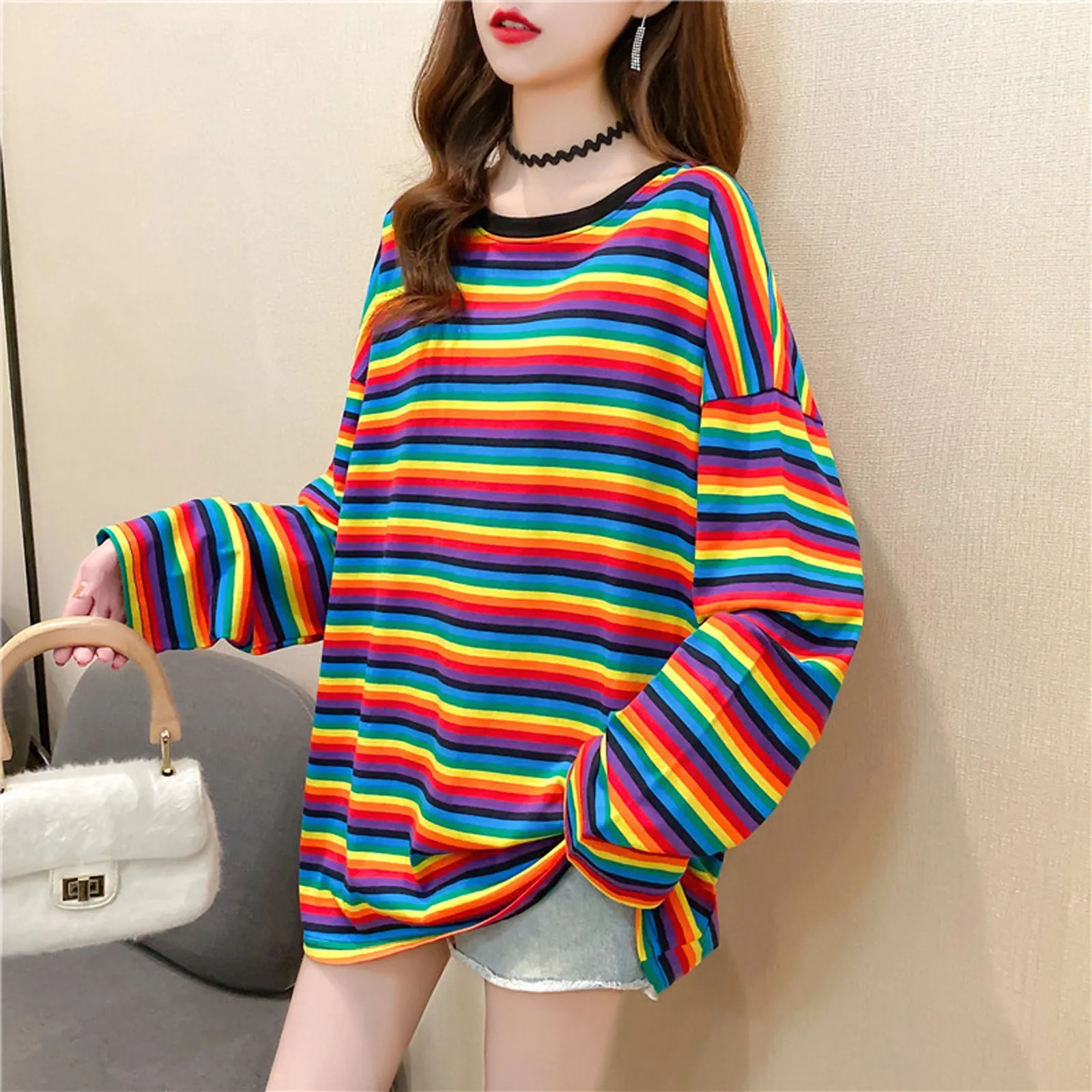 Woman Tshirts Graphic T Shirts Women Loose Rainbow Contrast Color Striped O-neck Top Long Sleeve T-shirt T-shirty Damskie