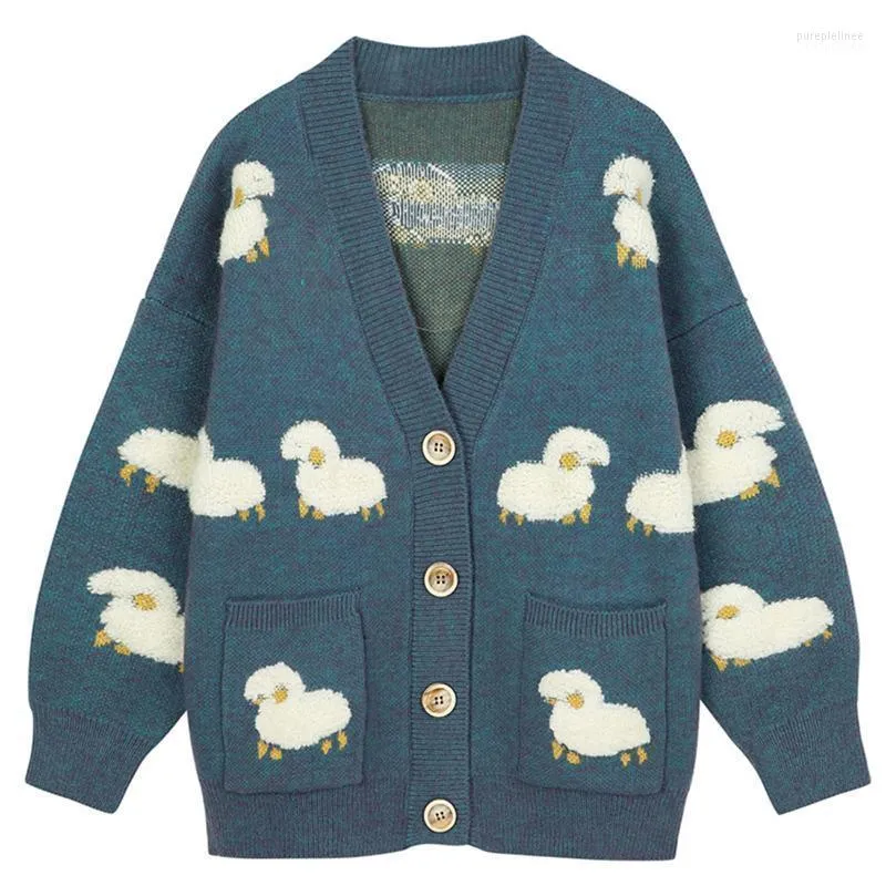 Hommes chandails 2022 Vintage agneau tricot Cardigan veste manteaux Streetwear Harajuku décontracté mouton pleine impression tricoté pull poche bleu