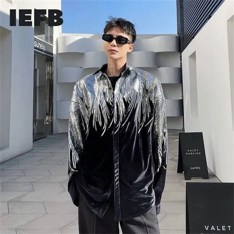 IEFB Embroidery Sequin Velvet Fashionable Temperament Men's Long Sleeve Shirts Lapel Personal Design Oversized Tops 9Y6658 220401