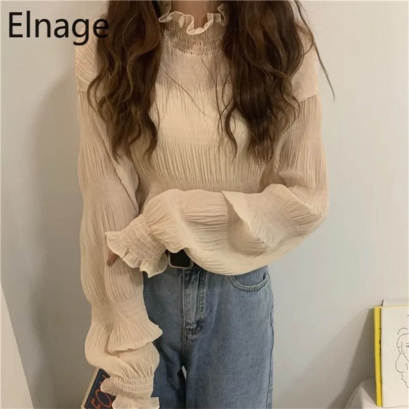 Elnage Spring Koreaanse losse halfhoge sleutelbodembodem trompet lange mouw blouse met kanten shirt voor vrouwen 5A176 210308