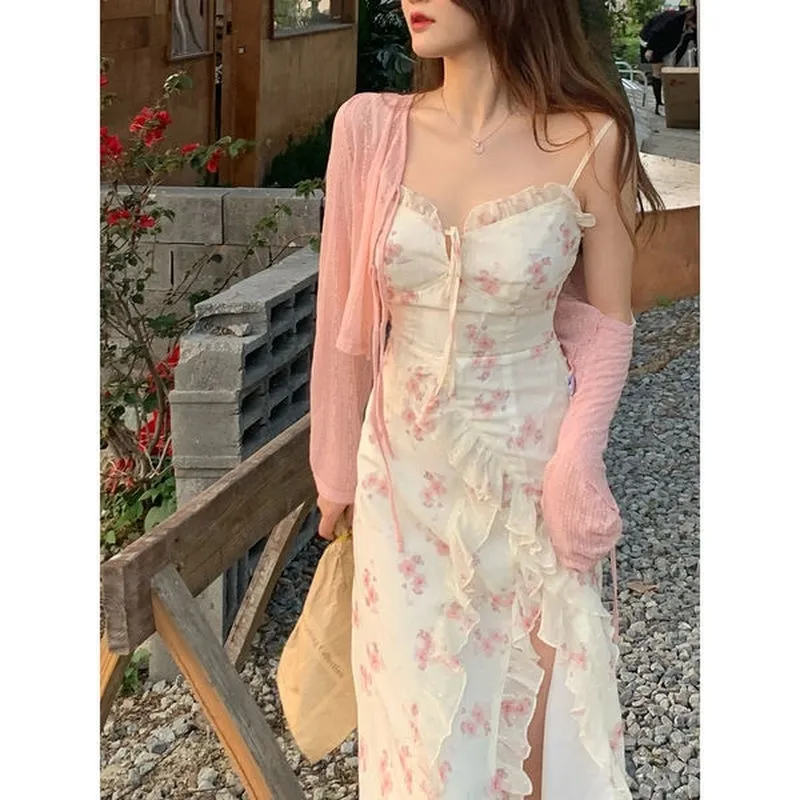 Summer floral suspenders mid-length dress French Elegance Evening dresses for women Korean style sling party W220421