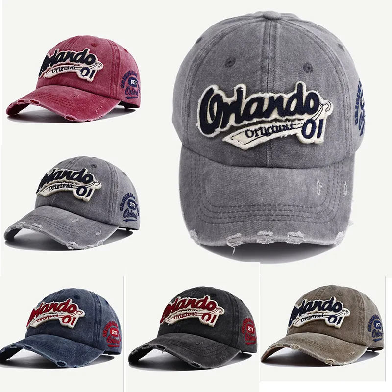 Old Way Man's Caps Retro Distressed Hole Borduurwerk Baseball Cap Mannen Wassen Wassen Denim Casquette Hoed